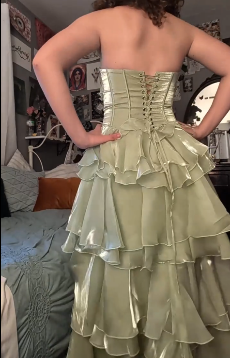 Strapless Green Ruffled Prom Dress Layered Fairy Birthday Gown  J10433