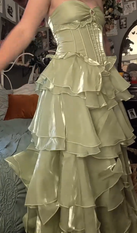 Strapless Green Ruffled Prom Dress Layered Fairy Birthday Gown  J10433