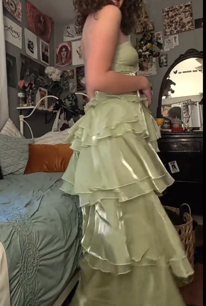 Strapless Green Ruffled Prom Dress Layered Fairy Birthday Gown  J10433