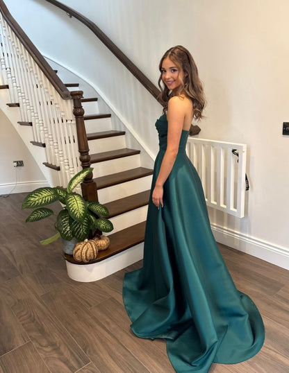 Strapless Green Satin Formal Prom Dress With Pockets  J12135