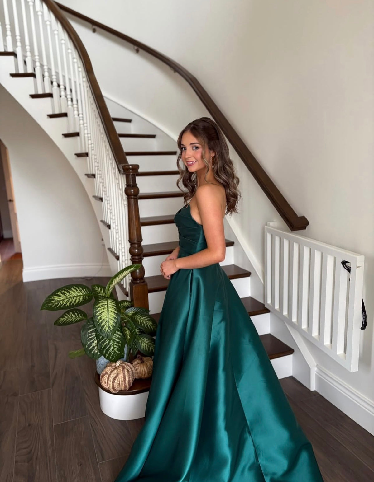 Strapless Green Satin Formal Prom Dress With Pockets  J12135