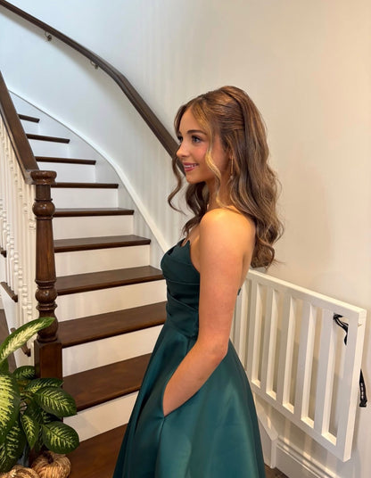 Strapless Green Satin Formal Prom Dress With Pockets  J12135