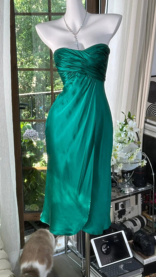 Strapless Green Satin Homecoming Dress Elegant Evening Dress J10942