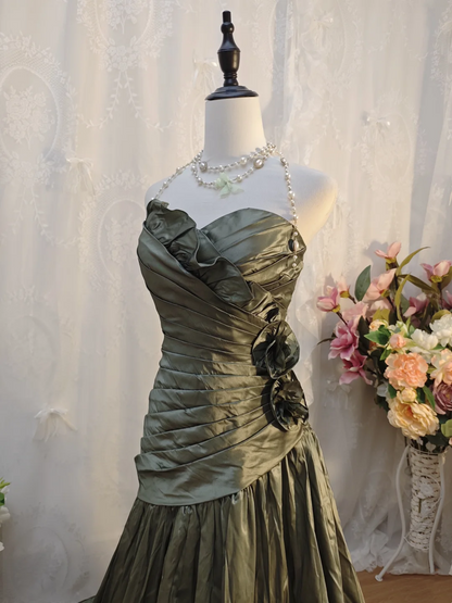 Strapless Green Satin Pleated Prom Dress Sheath Retro Formal Dress  J10112