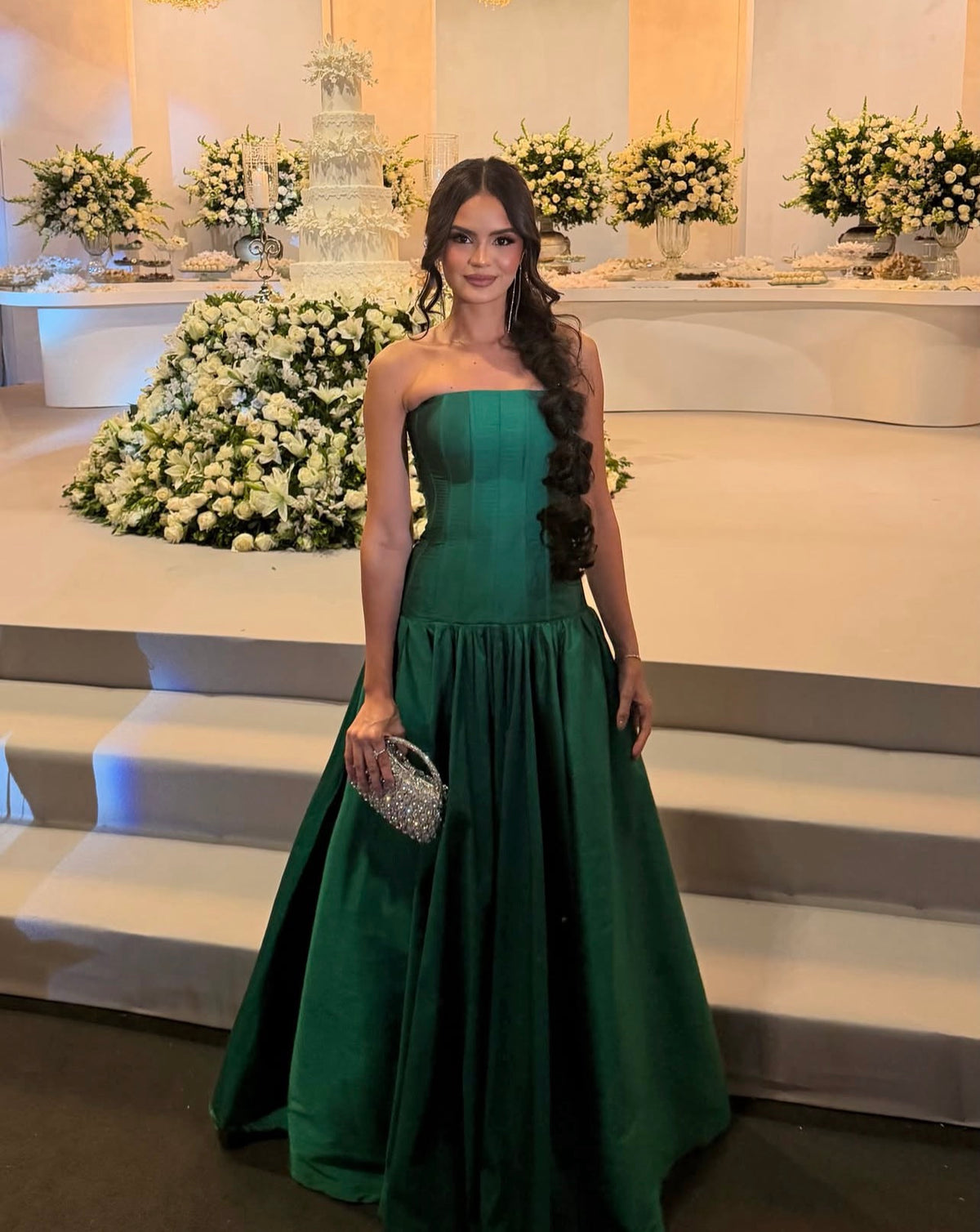 Strapless Green Satin Wedding Guest Dress Formal Evening Gown  J12193