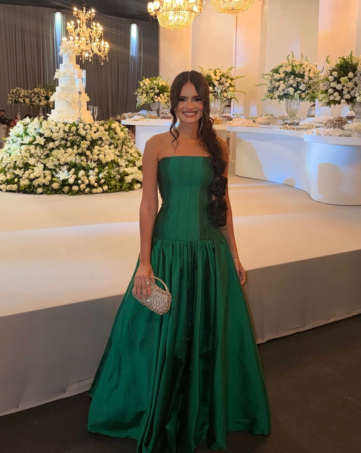 Strapless Green Satin Wedding Guest Dress Formal Evening Gown  J12193