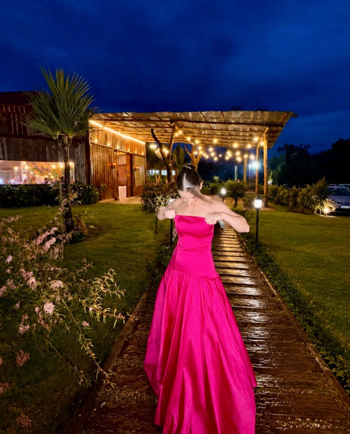 Strapless Hot Pink A Line Satin Formal Wedding Guest Dress  J11965