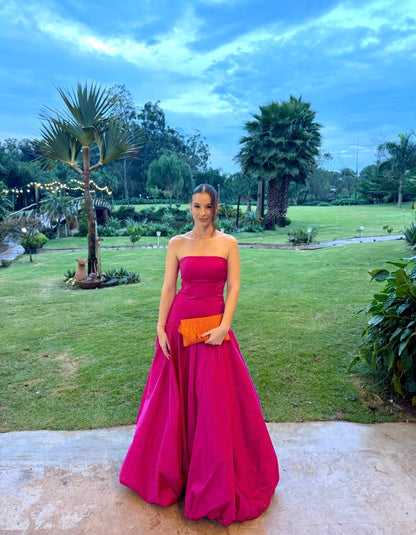 Strapless Hot Pink A Line Satin Formal Wedding Guest Dress  J11965