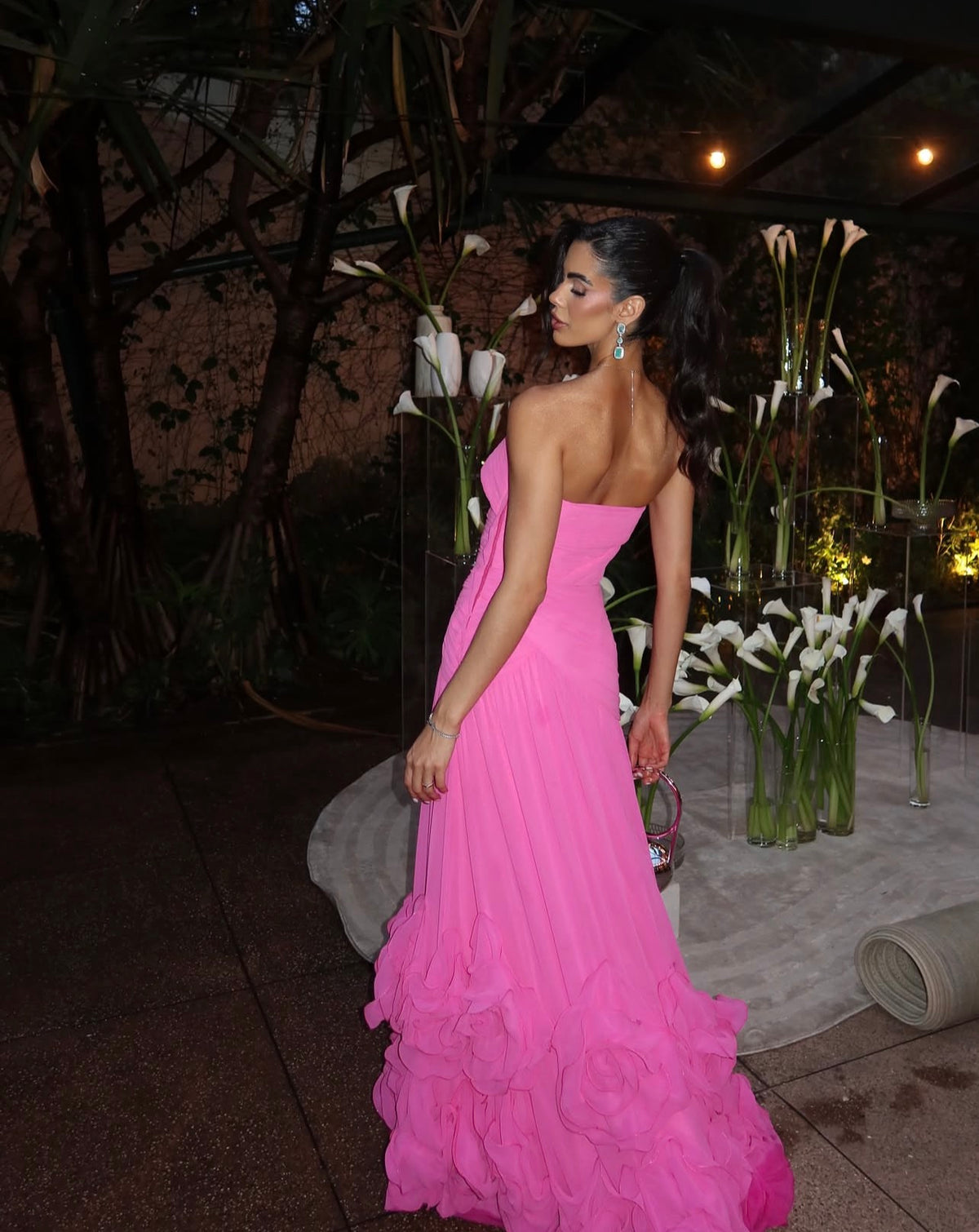 Strapless Hot Pink Chiffon Wedding Guest Dress Ruffled Prom Dress  J12015