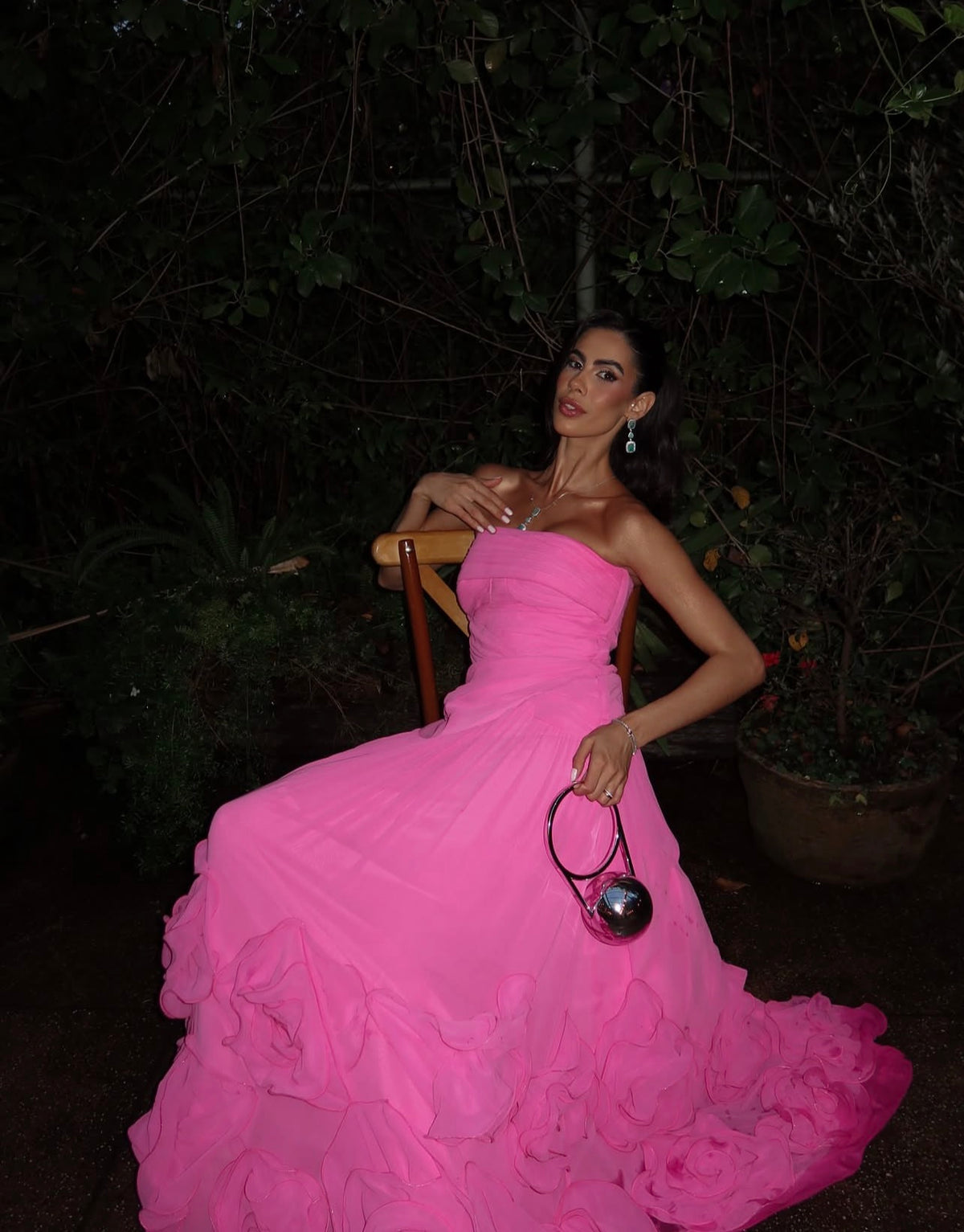 Strapless Hot Pink Chiffon Wedding Guest Dress Ruffled Prom Dress  J12015