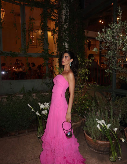Strapless Hot Pink Chiffon Wedding Guest Dress Ruffled Prom Dress  J12015