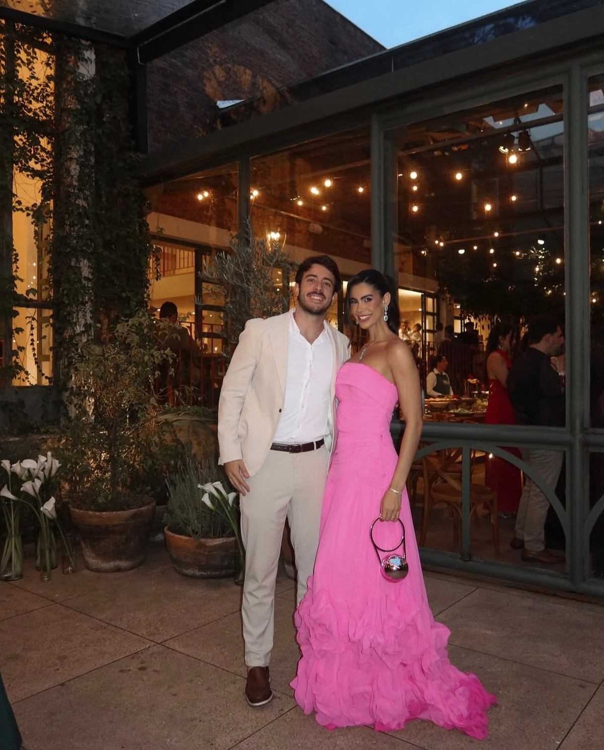 Strapless Hot Pink Chiffon Wedding Guest Dress Ruffled Prom Dress  J12015