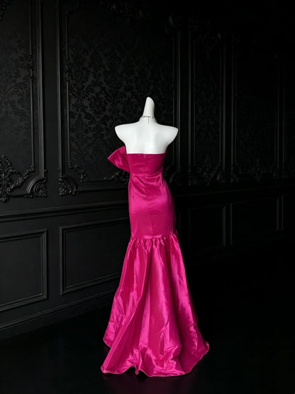 Strapless Hot Pink Sheath Long Prom Dress With Bow Knot  J10825