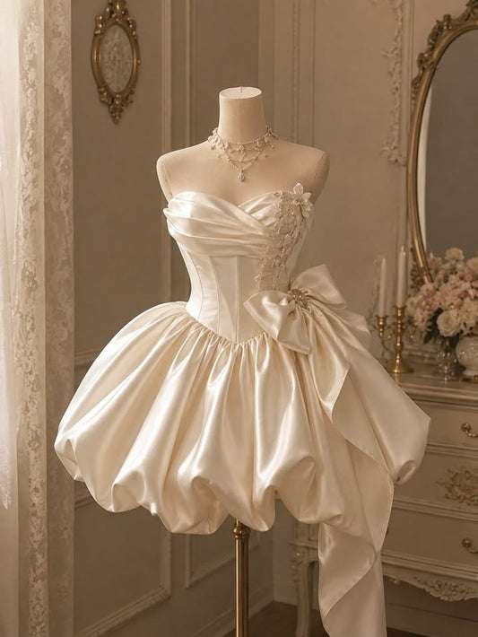 Strapless Ivory Satin Birthday Dress With Bow Knot Short Wedding Dress  J11614