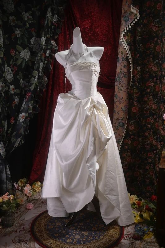 Strapless Ivory Satin Wedding Dress Elegant Birthday Gown J10192