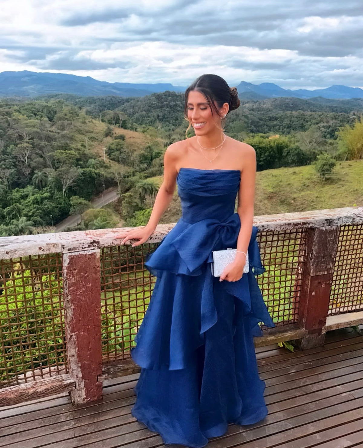 Strapless Layered Blue Wedding Guest Dress With Bow Knot  J11957