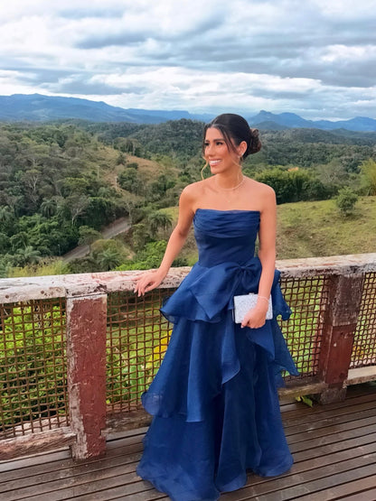 Strapless Layered Blue Wedding Guest Dress With Bow Knot  J11957