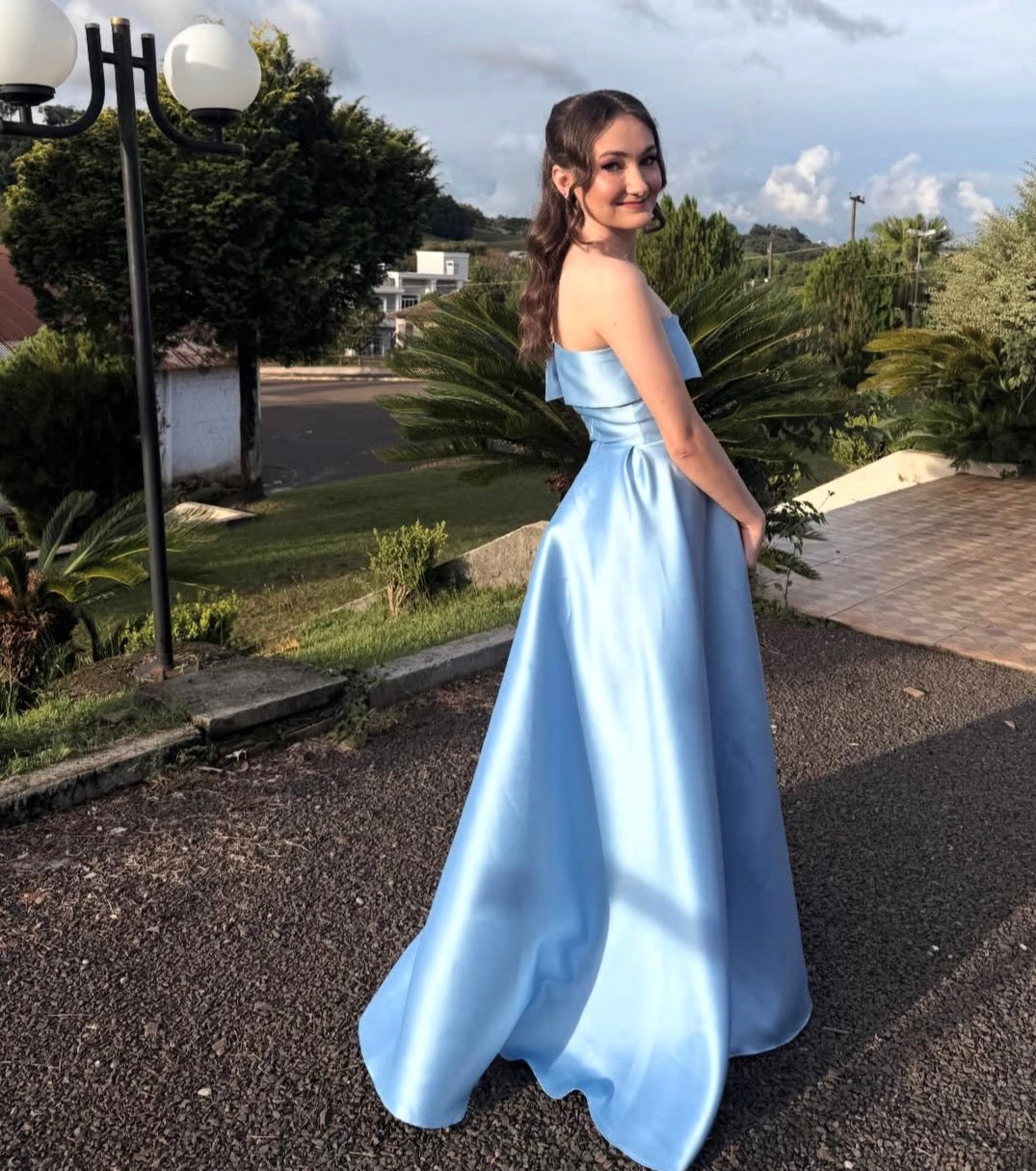 Strapless Light Blue Satin Prom Dress A Line Formal Evening Dress  J10444