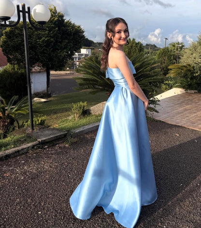 Strapless Light Blue Satin Prom Dress A Line Formal Evening Dress  J10444