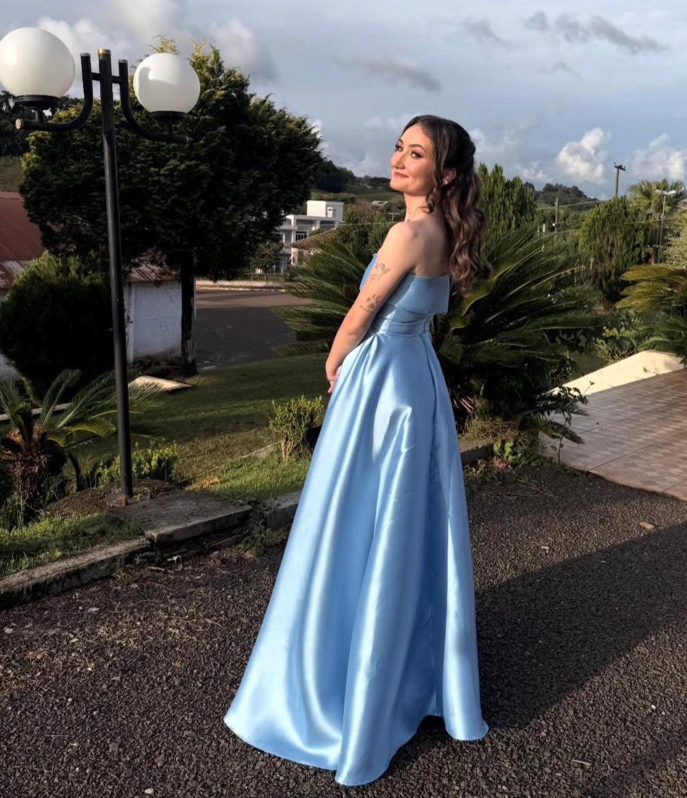 Strapless Light Blue Satin Prom Dress A Line Formal Evening Dress  J10444