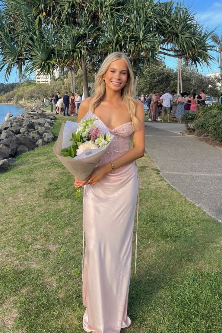 Strapless Light Pink Beaded Sheath Long Prom Dress  J9771