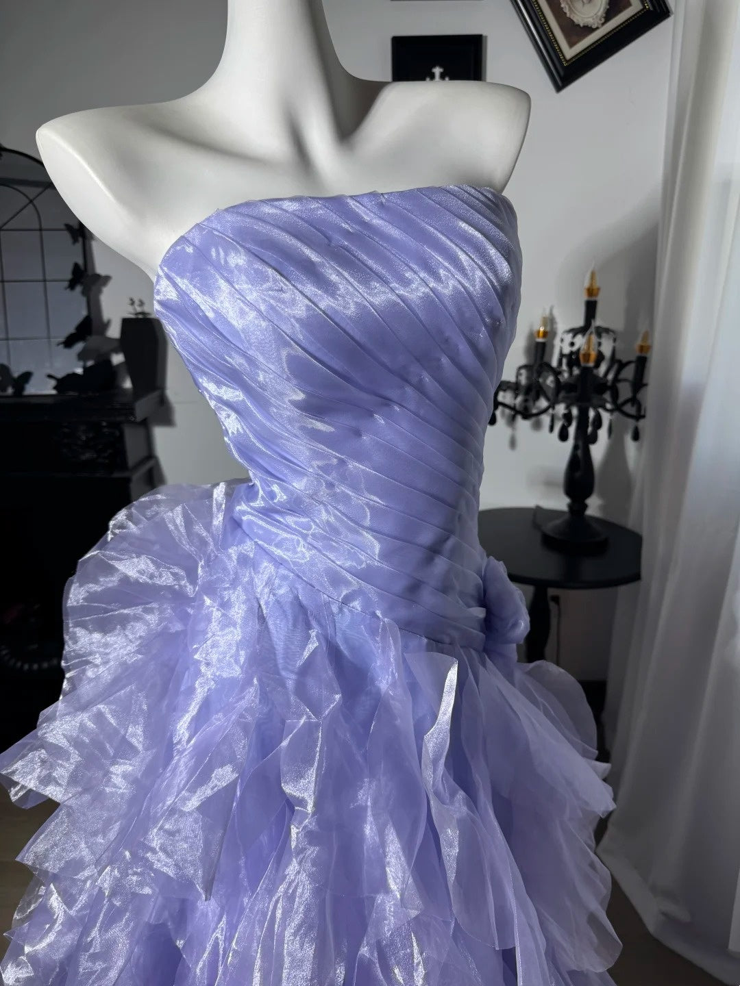 Trägerloses silbernes Vintage-Abendkleid, A-Linie, Geburtstagskleid J9370