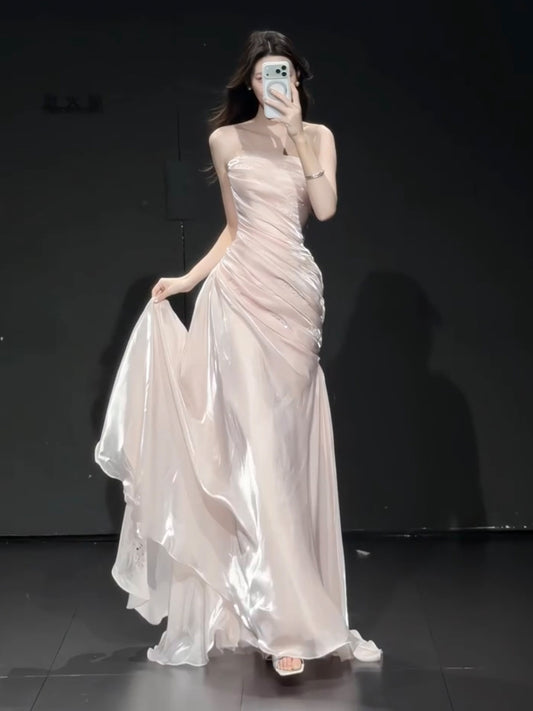 Trägerloses silbernes Vintage-Abendkleid, A-Linie, Geburtstagskleid J9370