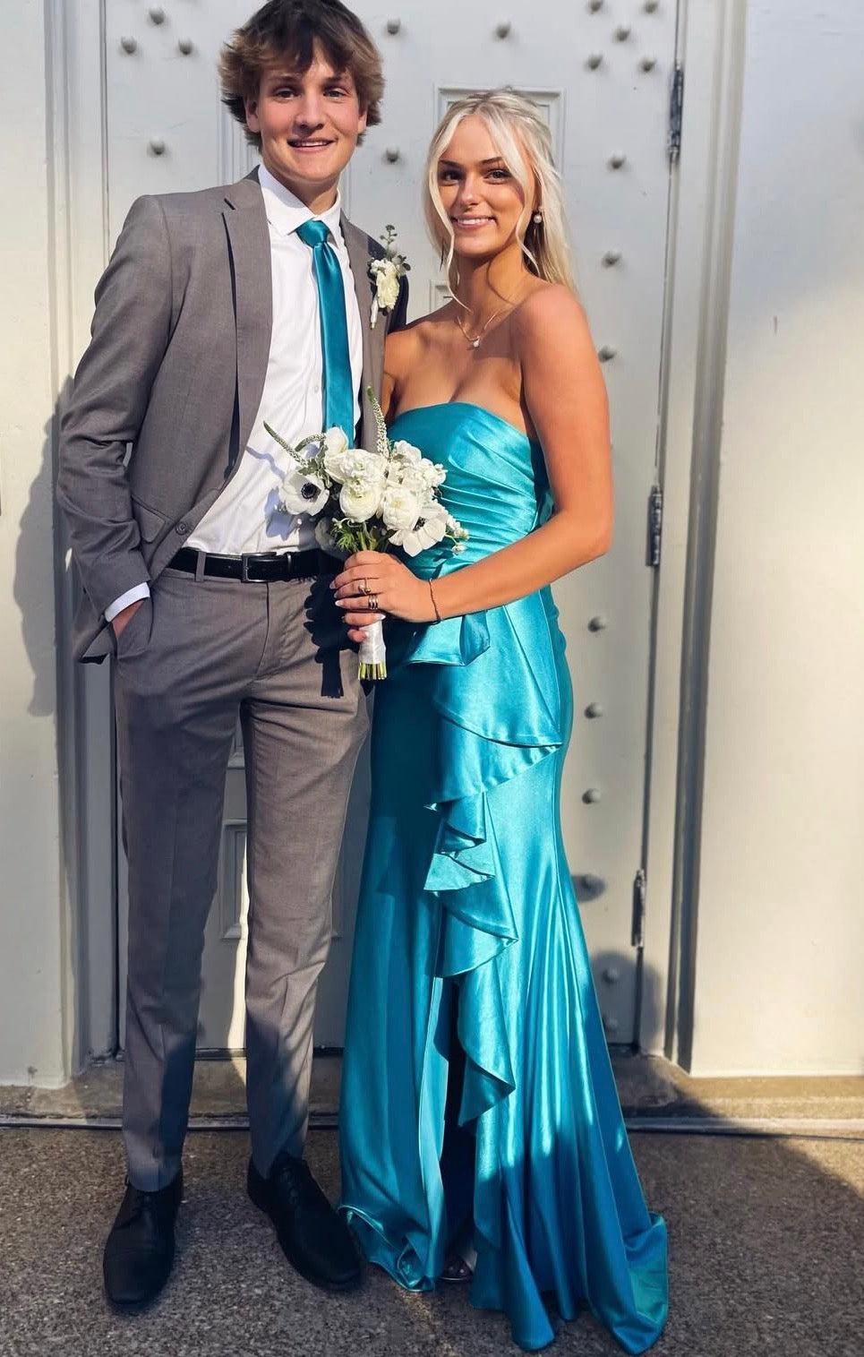 Strapless Mermaid Ruffled Blue Satin Prom Dress  J10090