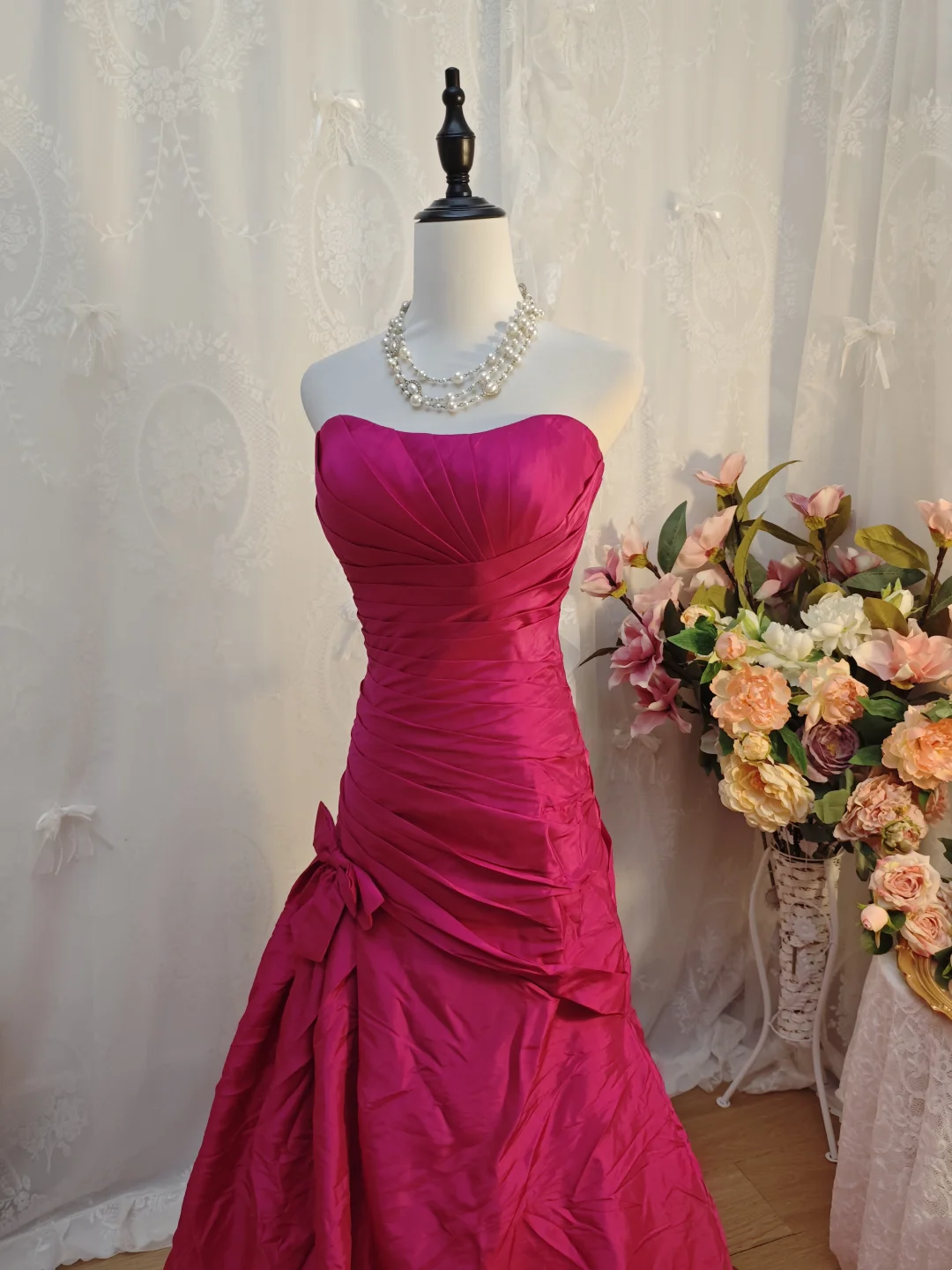 Strapless Mermaid Satin Rose Pink Prom Dress Formal Evening Dress  J10110