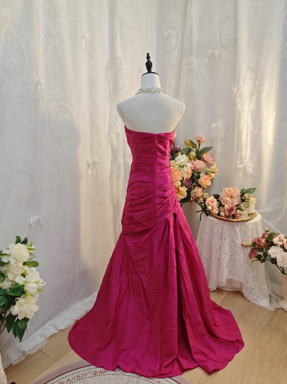 Strapless Mermaid Satin Rose Pink Prom Dress Formal Evening Dress  J10110