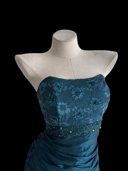 Strapless Mermaid Teal Prom Dress Vintage Ruffled Evening Dress  J9858