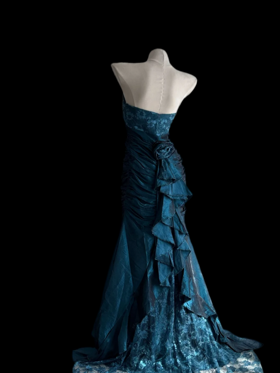 Strapless Mermaid Teal Prom Dress Vintage Ruffled Evening Dress  J9858