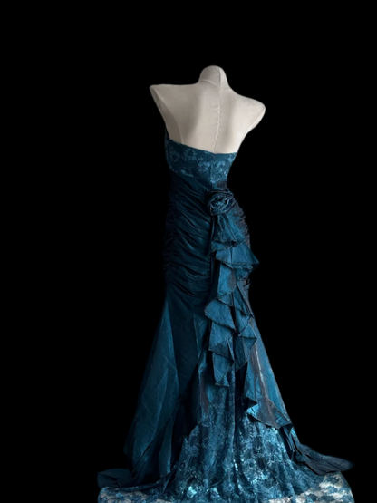 Strapless Mermaid Teal Prom Dress Vintage Ruffled Evening Dress  J9858