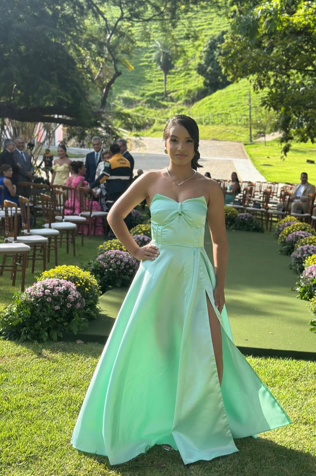 Strapless Mint Green A Line Prom Dress With Slit Formal Wedding Guest Dress  J10085