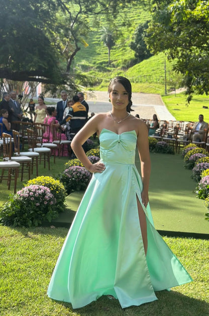 Strapless Mint Green A Line Prom Dress With Slit Formal Wedding Guest Dress  J10085