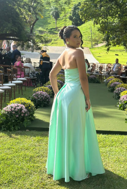 Strapless Mint Green A Line Prom Dress With Slit Formal Wedding Guest Dress  J10085