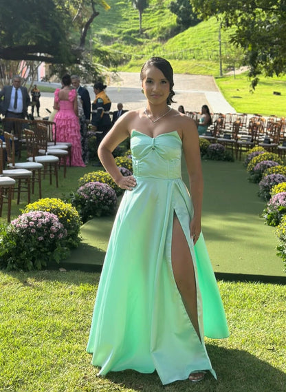 Strapless Mint Green A Line Prom Dress With Slit Formal Wedding Guest Dress  J10085