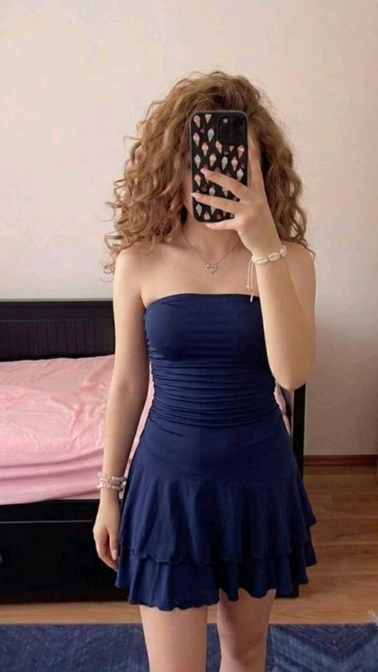 Strapless Navy Blue A Line Homecoming Dress Short Party Dress  J11219