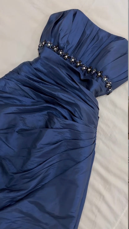 Trägerloses silbernes Vintage-Abendkleid, A-Linie, Geburtstagskleid J9370