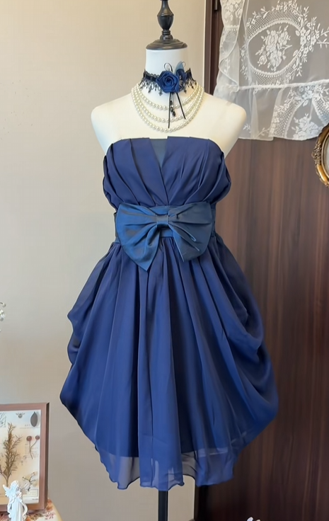 Strapless Navy Blue Chiffon Homecoming Dress With Bow J11033