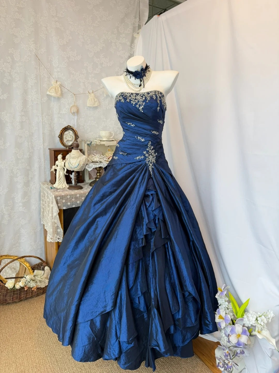 Strapless Navy Blue Princess Prom Dress Beaded Birthday Gown  J10813