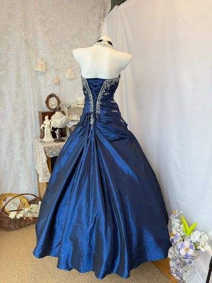 Strapless Navy Blue Princess Prom Dress Beaded Birthday Gown  J10813