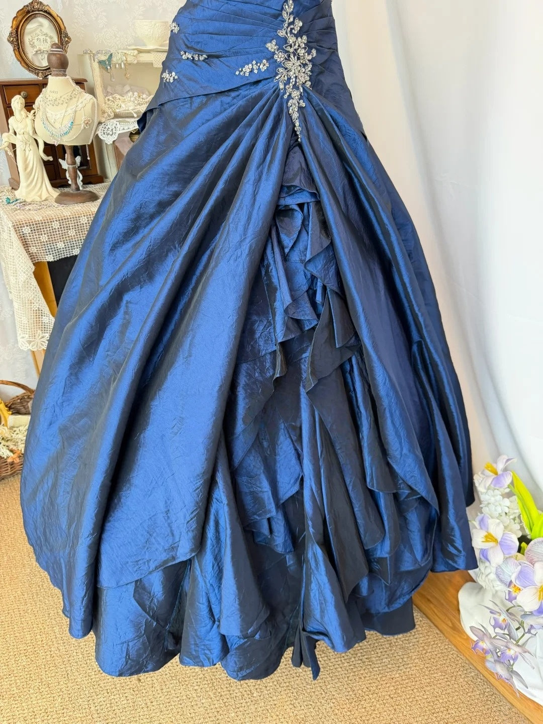 Strapless Navy Blue Princess Prom Dress Beaded Birthday Gown  J10813
