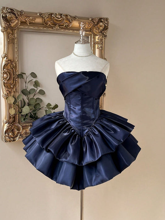 Strapless Navy Blue Satin Homecoming Dress Short Birthday Dress  J10792