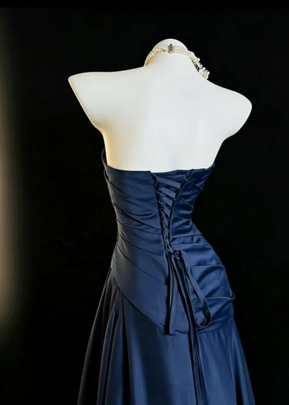 Trägerloses silbernes Vintage-Abendkleid, A-Linie, Geburtstagskleid J9370