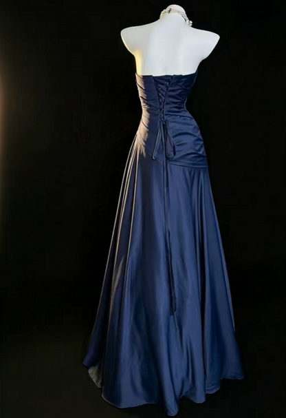 Trägerloses silbernes Vintage-Abendkleid, A-Linie, Geburtstagskleid J9370