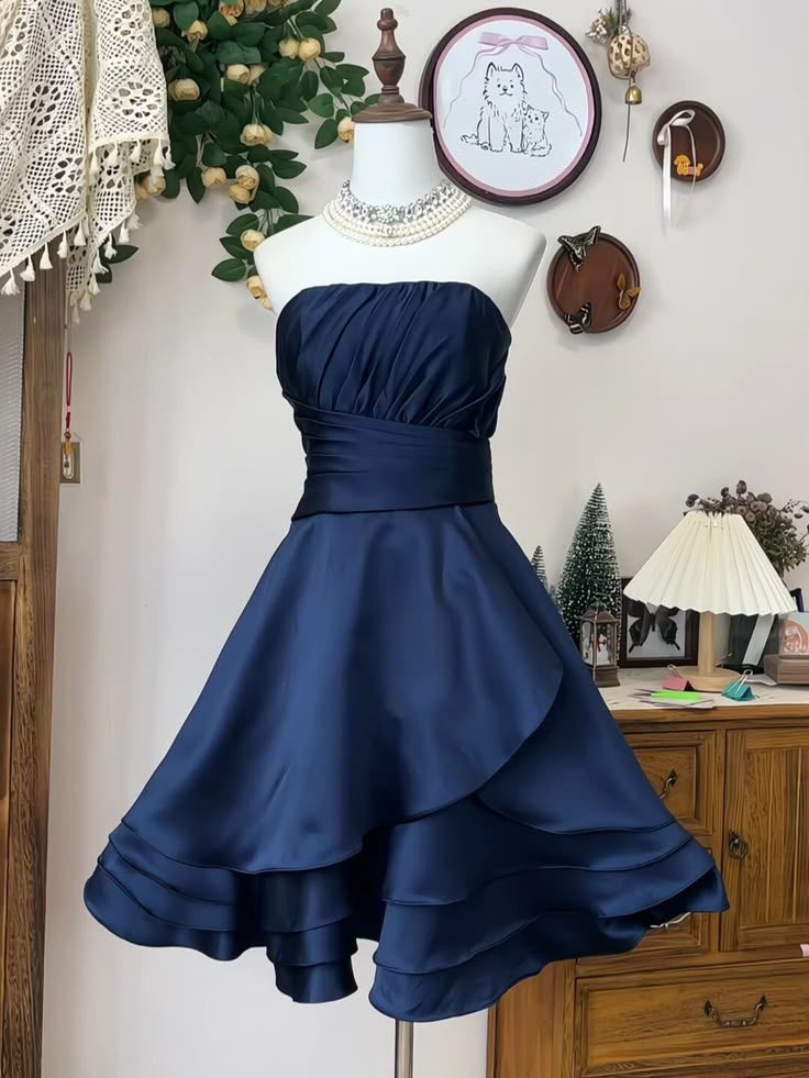 Strapless Navy Blue Satin Ruffled Homecoming Dress  J11499