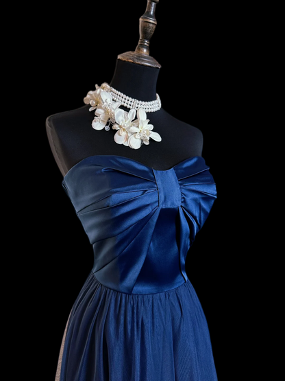 Strapless Navy Blue Satin Tulle A Line Prom Dress J9754