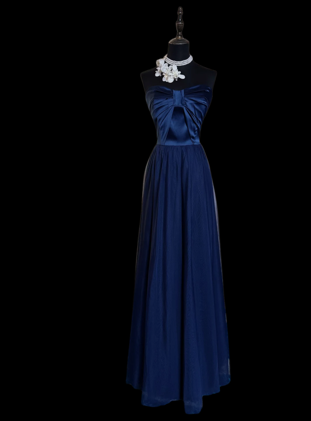 Strapless Navy Blue Satin Tulle A Line Prom Dress J9754