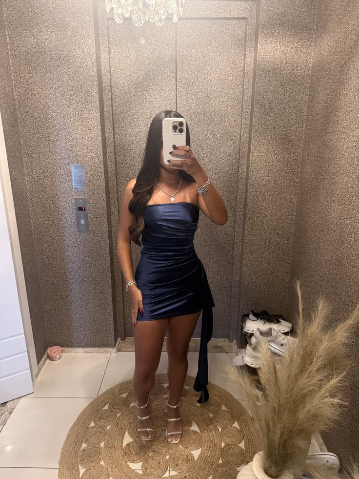 Strapless Navy Blue Sheath Homecoming Dress Ruffled Party Dress J11190